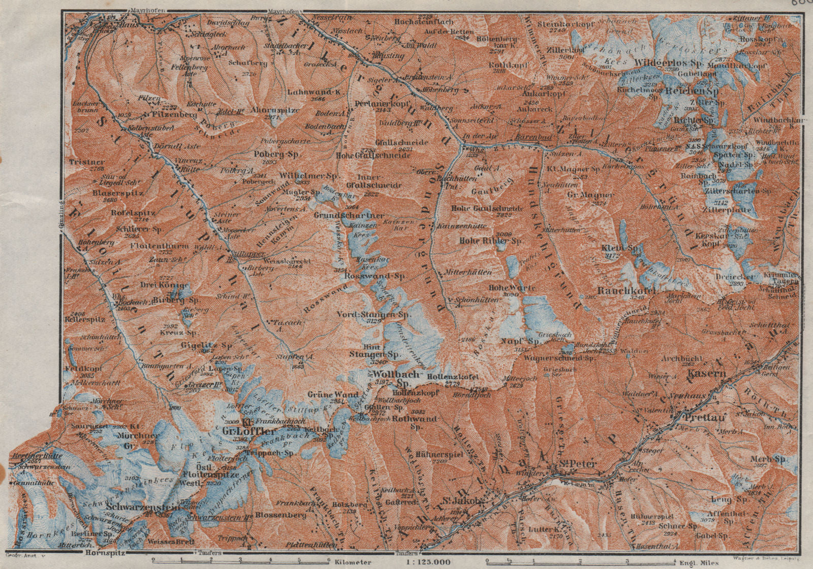 EASTERN ZILLERTAL. Ahrntal Valle Aurina Prettau Schwarzenstein Südtirol 1923 map
